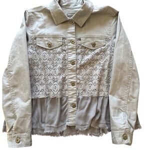 Kate & Mallory Lace Cropped Denim Jacket Boho Cottagecore Peplum Blue Gray | L